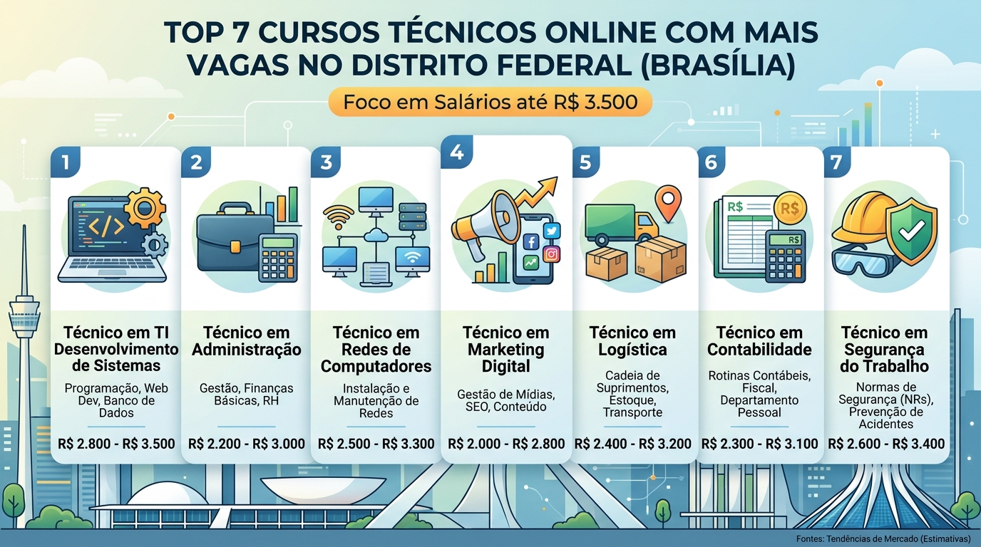 7 cursos técnicos EAD que mais contratam no DF com salário até R$ 3,5 mil