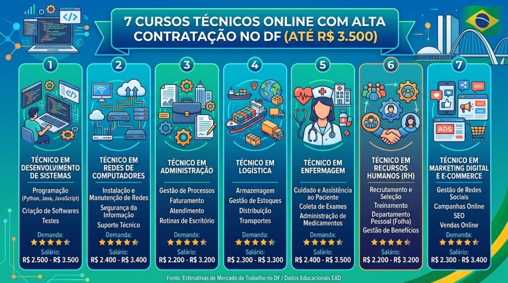 7 cursos técnicos EAD que mais contratam no DF com salário até R$ 3,5 mil